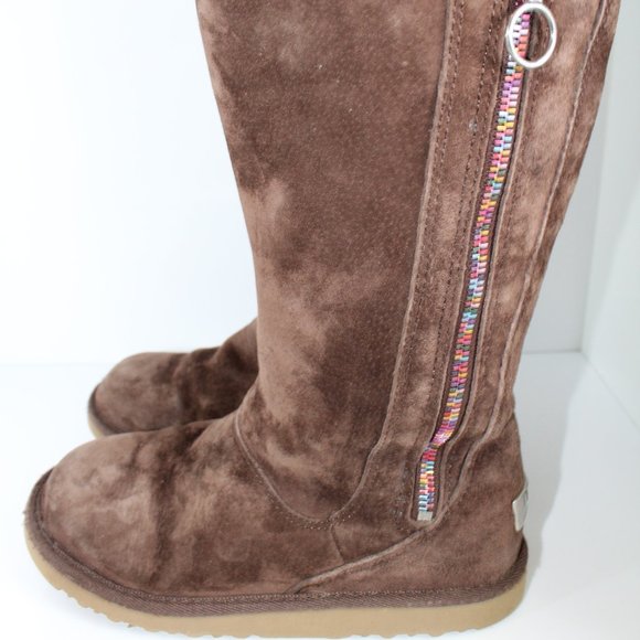 UGG Boots Big Kids Tall Brown Hayden Sheepskin Lining Rainbow Zipper ~5~ 5654 - Picture 7 of 15